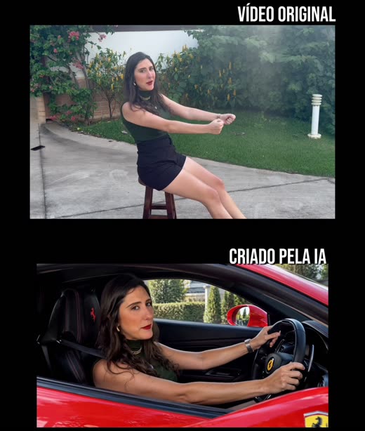 Vídeo original da Erika em um banco no jardim e, abaixo, a versão criada pela IA dentro de uma Ferrari vermelha